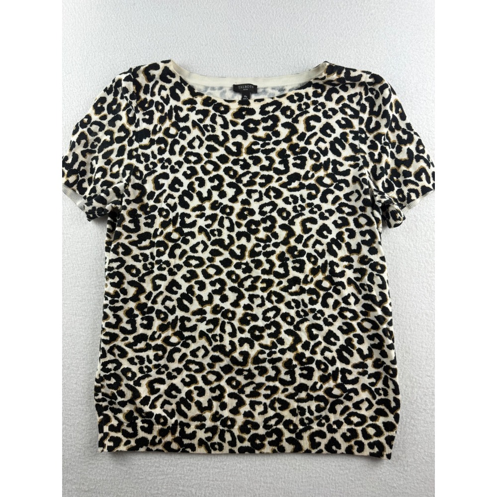 Talbots Petite Leopard‎ Print Short Sleeve Sweater Top Cream Black Tan Mp P21